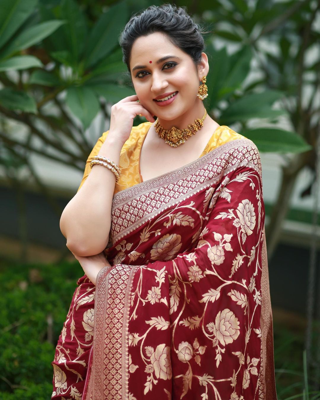 Malayalam Actress Miya George Images in Maroon Saree Yellow Blouse